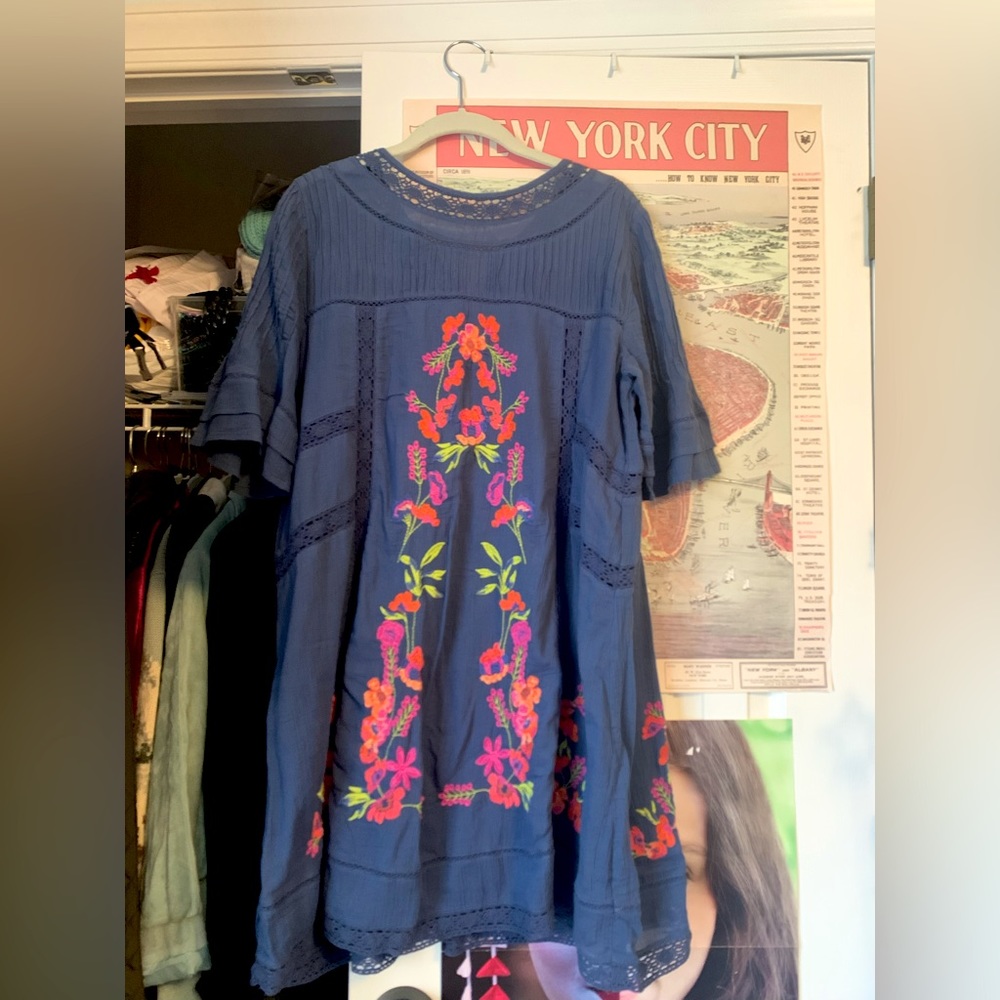 Free People Dark Blue Lacy Dress with Floral Embroidery (M)